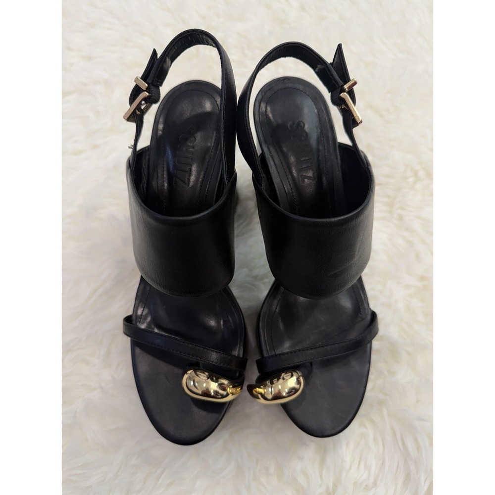 Schutz Mandy Slingback Platform Sandals Black Gold Hardware Women's Size 7 Y2K